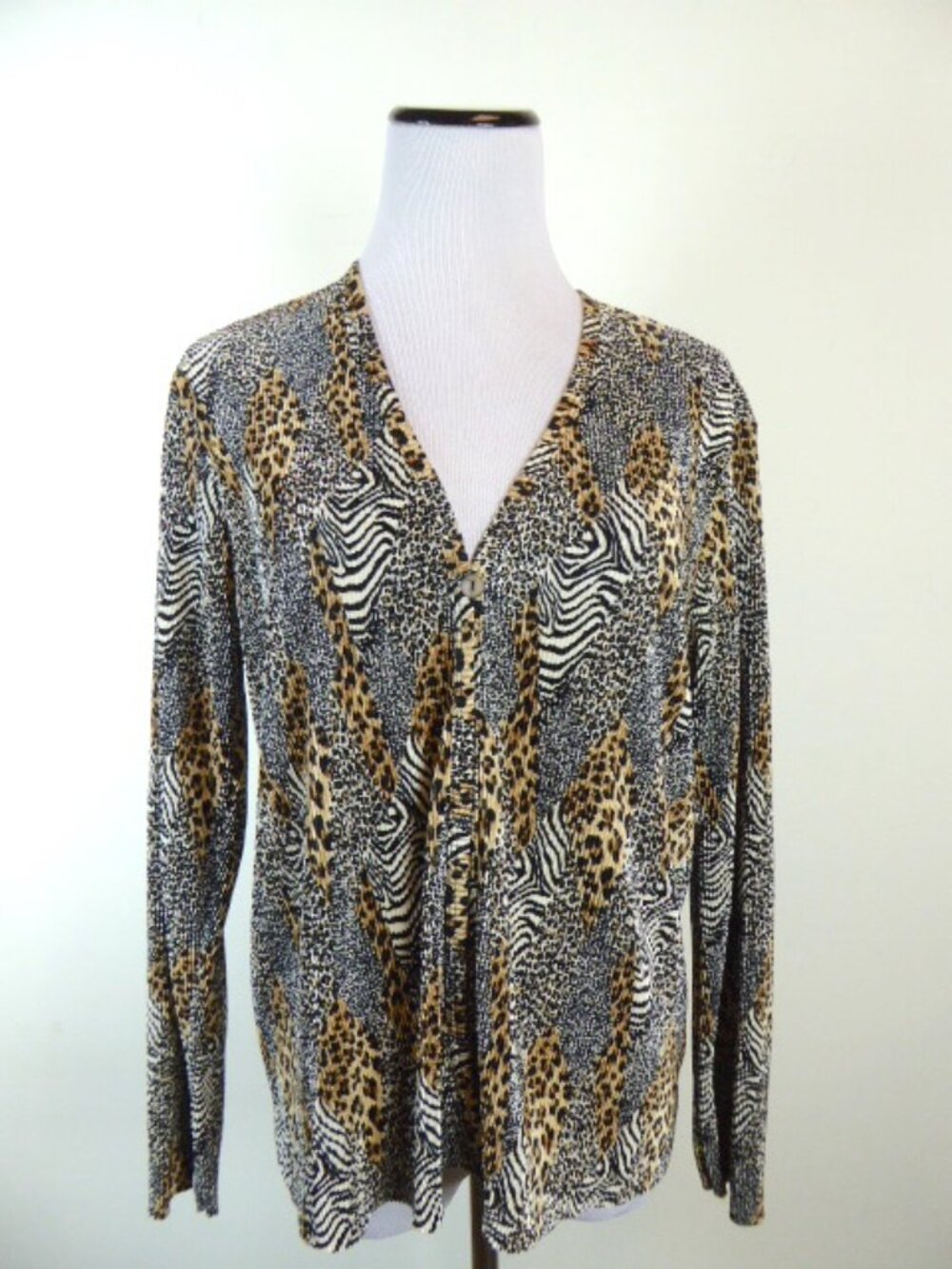 PLISSE button up permanent pleated animal print JACKET TOP L leopard zebra